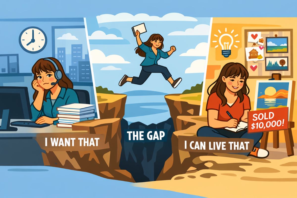 Act as if manifestation illustration showing transition from unwanted job to successful artist selling $10,000 artwork