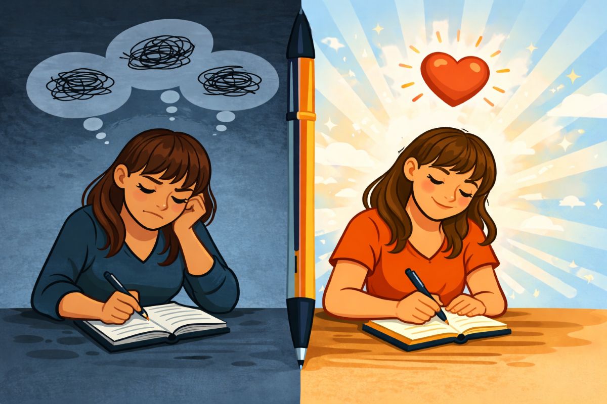 Act as if manifestation illustration showing emotional shift from doubt to confidence while journaling affirmations