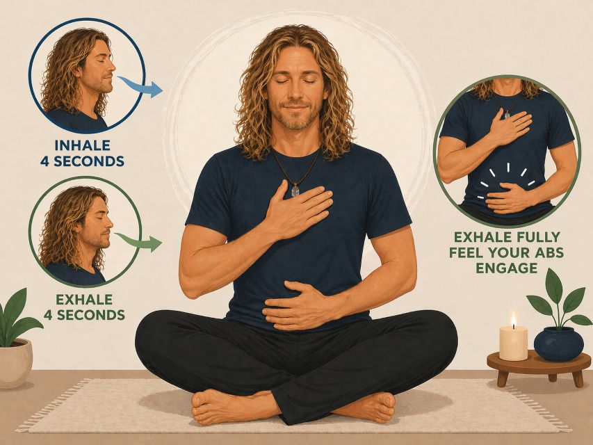 Jake Ducey practicing chi energy meditation with a 4-4 breathing pattern, hand on chest and stomach while focusing on a deep, calming exhale.