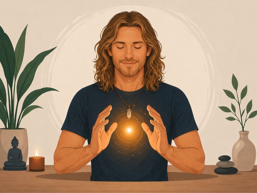 Jake Ducey holding a glowing energy ball between his hands during a chi energy meditation, eyes closed and focused on inner sensation.