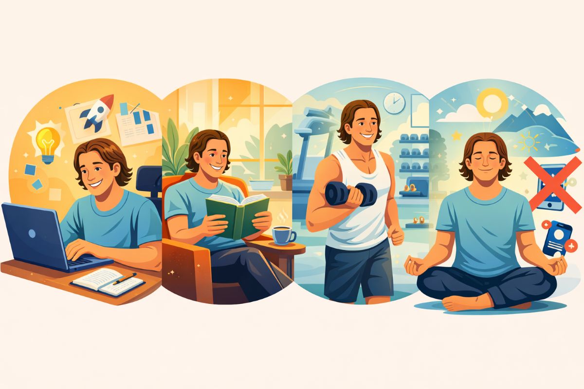 Flat 2D illustration of a man building discipline through daily habits like creating, reading, exercising, and avoiding distractions