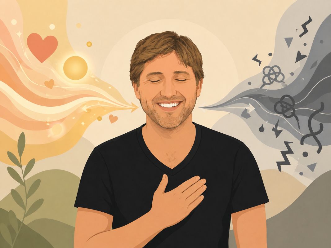 Flat 2D illustration of Jake Ducey with his hand on his chest during an energy raising meditation, breathing in love and warmth while releasing tension and resistance.