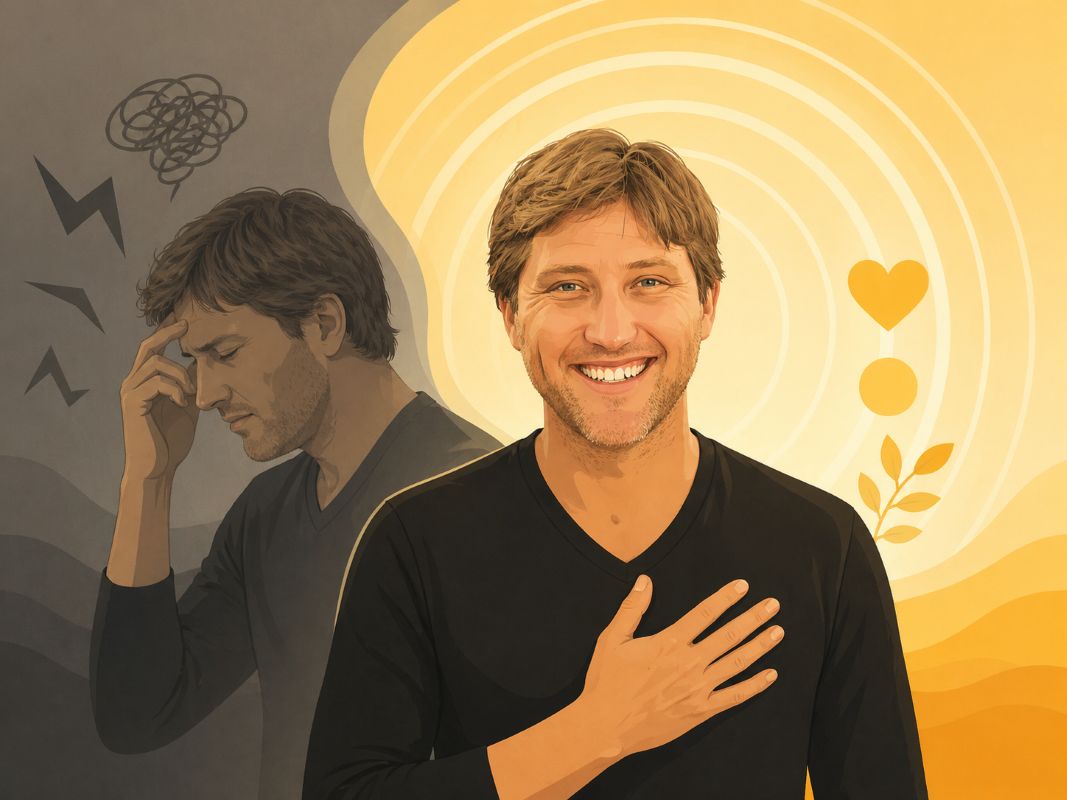 Flat 2D illustration of Jake Ducey shifting from stress into peace, gratitude, and support during an energy raising meditation, with golden signal waves radiating around him.