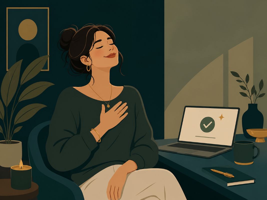 Woman feeling calm relief after visualizing money arriving, practicing embodiment to receive unexpected money with a paid confirmation on her laptop.