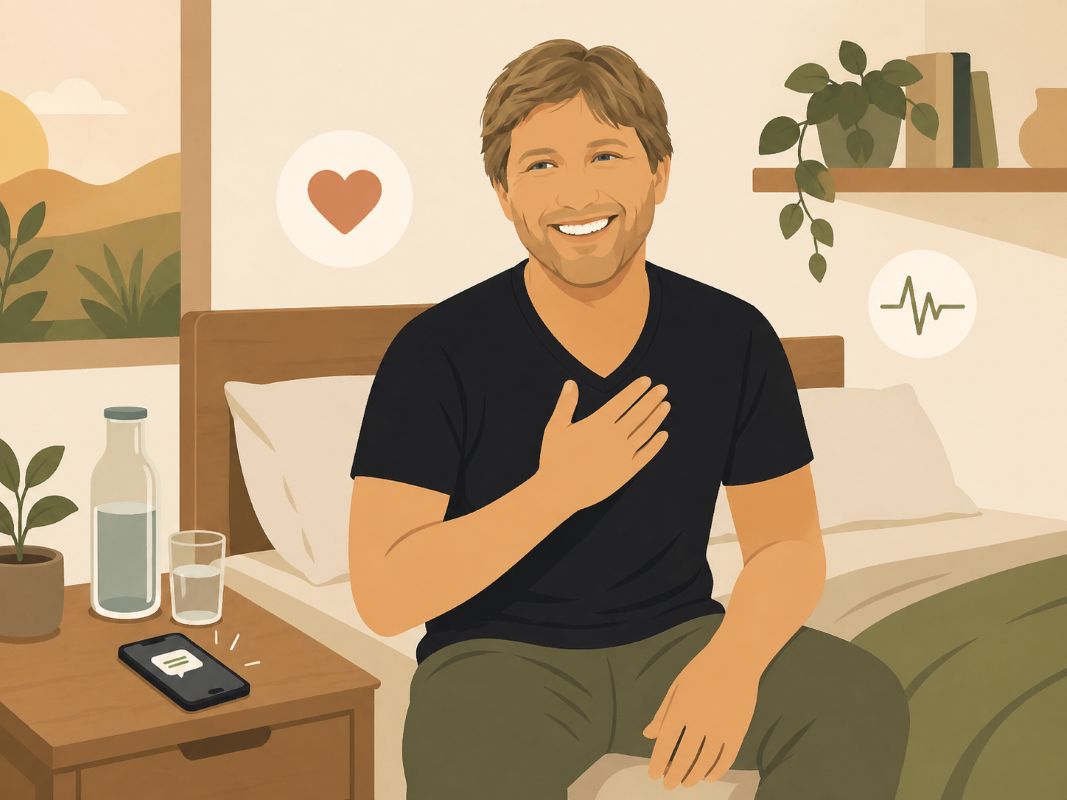 Flat 2D illustration of Jake Ducey sitting on the edge of a bed with one hand on his chest, surrounded by simple symbols of gratitude like water, a text message, and a heartbeat.