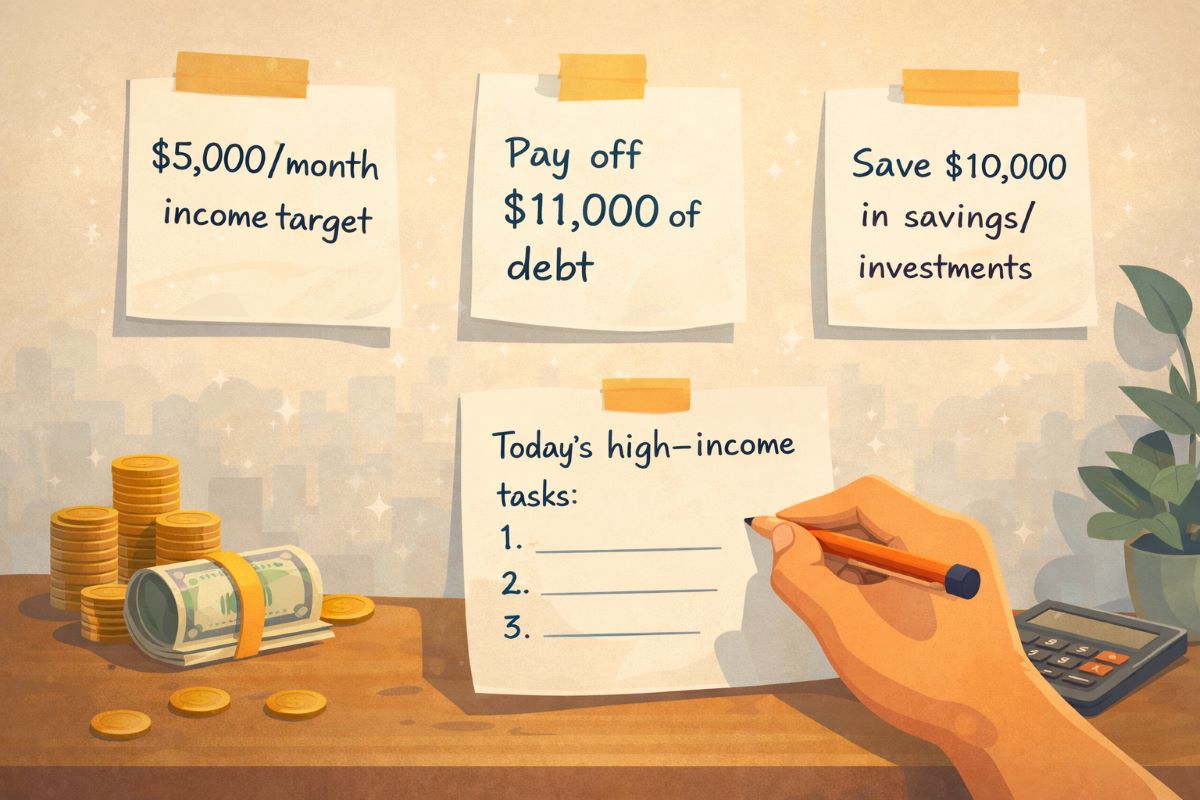 Flat 2D horizontal illustration of handwritten financial goals taped to a wall, including income, debt payoff, savings, and daily high-income tasks, with cash, coins, and a calculator on a desk below.