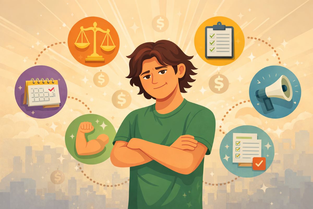 Flat 2D horizontal illustration of Jake Ducey standing confidently with symbols of integrity, organization, communication, confidence, and discipline around him, representing how to set money goals through honest personal growth.