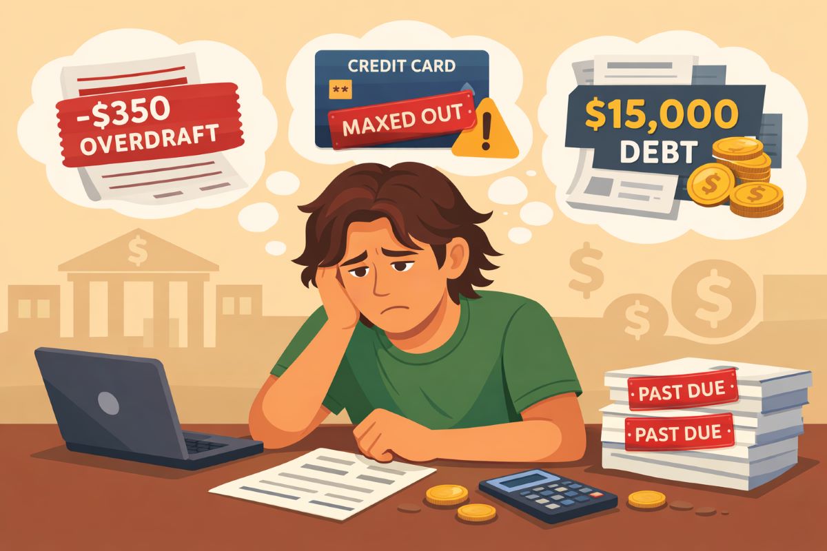 Flat 2D illustration of Jake Ducey sitting at a desk looking stressed while thinking about overdrafts, maxed-out credit cards, debt, and past-due bills, symbolizing how to set money goals and break free from financial fear.