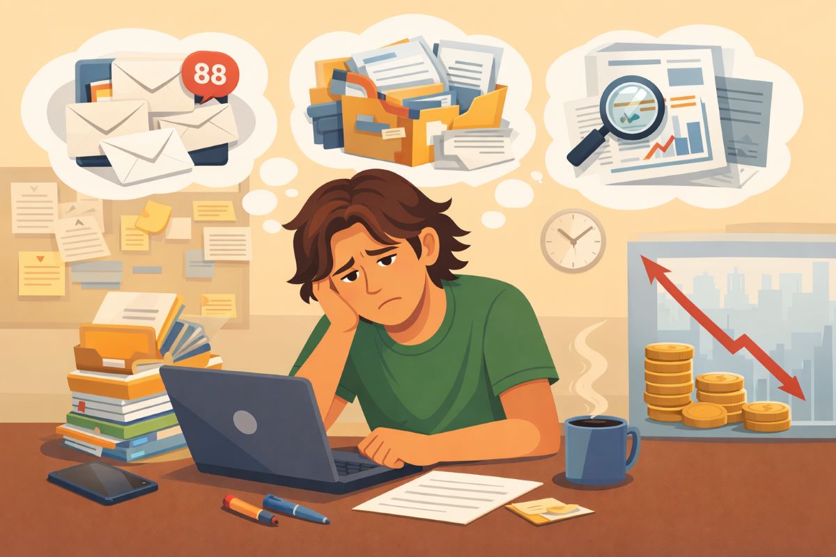 Flat 2D horizontal illustration of Jake Ducey sitting at a cluttered desk, overwhelmed by emails, files, and busy work while his income graph drops, representing how to set money goals by focusing on high-income tasks instead of distractions.