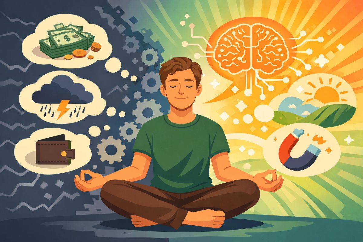 Flat 2D illustration of Jake Ducey meditating while shifting from negative money beliefs to positive mindset, representing how to train your brain to make money
