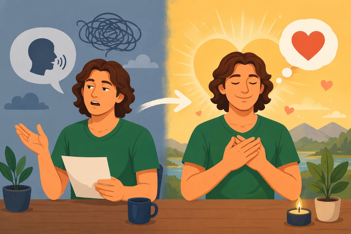 Horizontal flat 2D illustration of Jake Ducey showing the difference between speaking affirmations mechanically and feeling them deeply, visualizing how to write affirmations for yourself with emotion, presence, and belief.