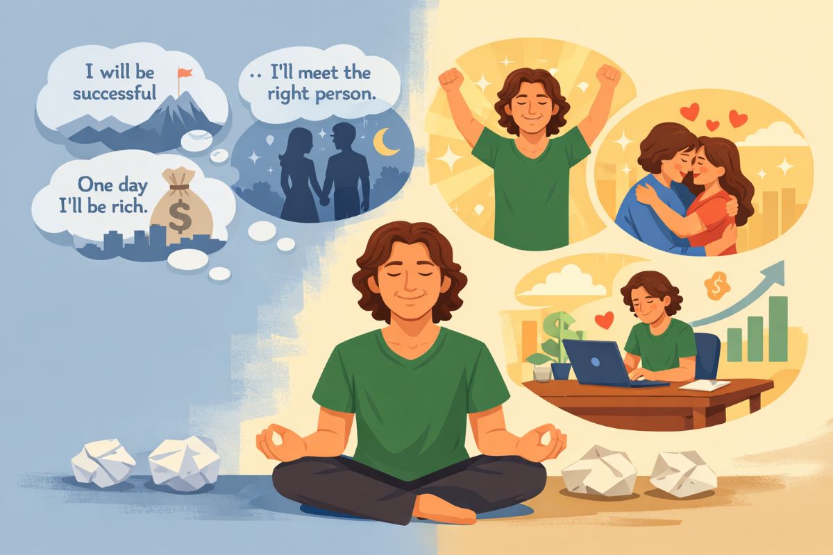 Jake Ducey meditating in a horizontal flat 2D illustration as future-based affirmations shift into present-tense confidence, love, and business success, symbolizing how to write affirmations for yourself.