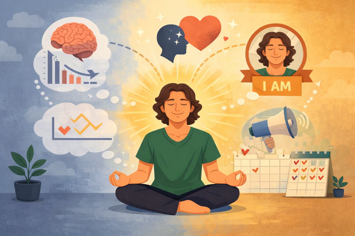 Horizontal flat 2D illustration of Jake Ducey meditating as symbols of repetition, emotional tone, and identity surround him, visually expressing how to write affirmations for yourself in a way the subconscious mind can absorb.