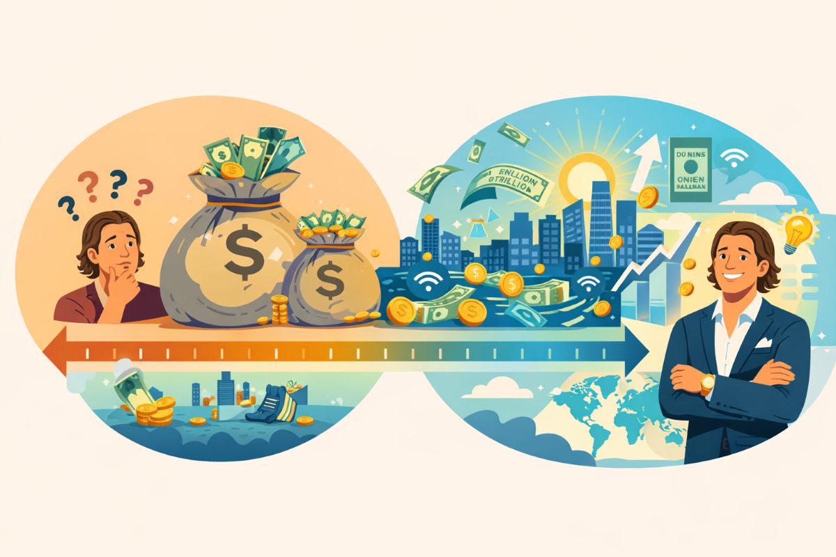 Symbolic flat 2D illustration showing Jake Ducey shifting perspective on wealth through the law of relativity, representing the I am a multimillionaire affirmation