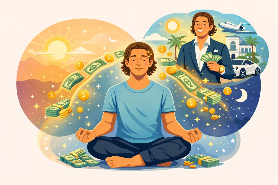 Symbolic flat 2D illustration of a man visualizing wealth and embodying the I am a multimillionaire affirmation through emotion and belief