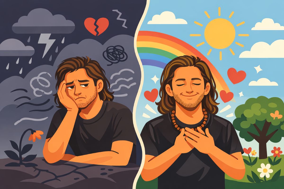 The Law of Attraction Explained Through Emotional Energy and Mindset Shift Flat 2D illustration of Jake Ducey showing two emotional states, stress versus gratitude, demonstrating the law of attraction explained through inner energy and mindset shift