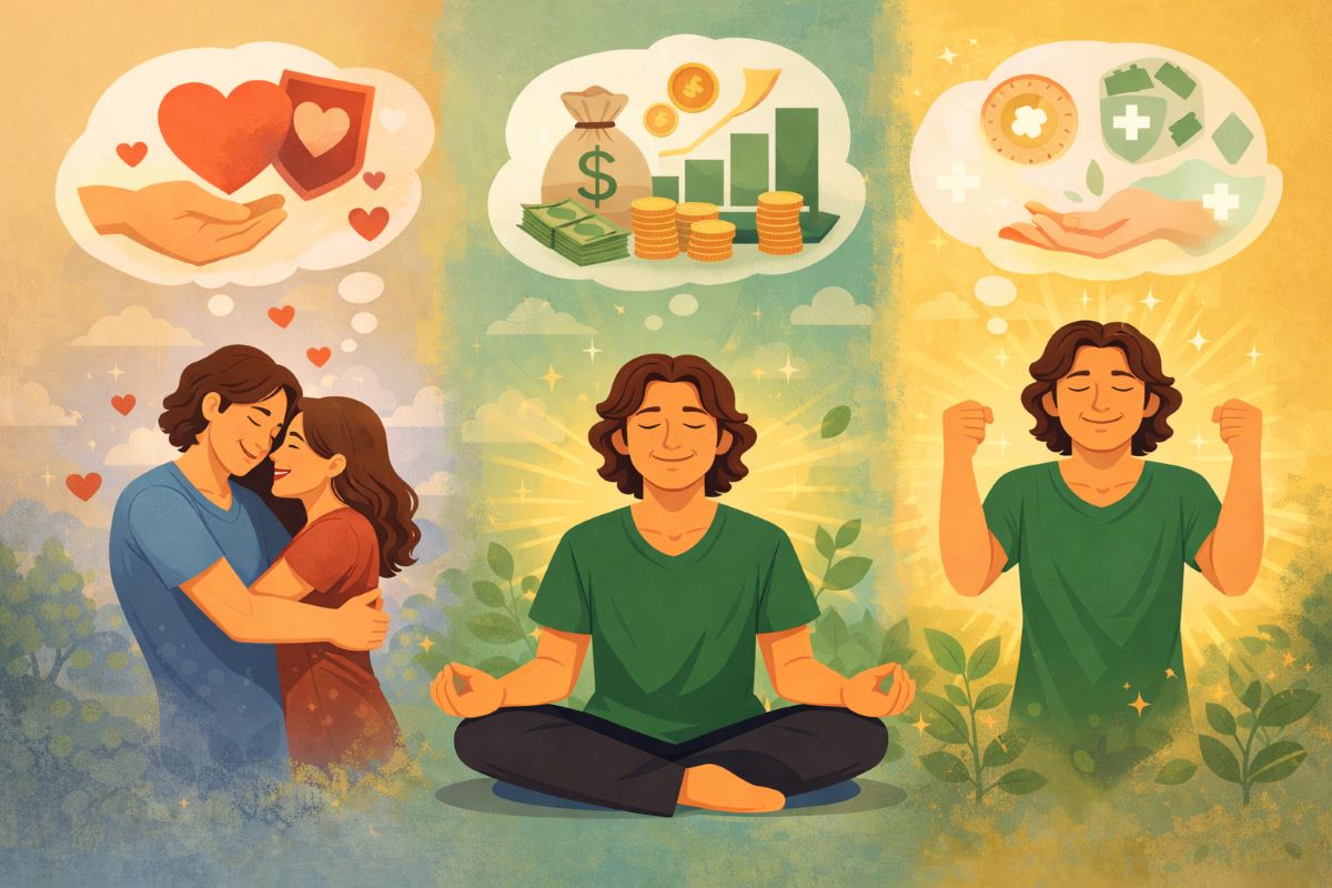 Horizontal flat 2D illustration of Jake Ducey showing love, money, and health affirmations through symbolic scenes of connection, abundance, and vitality.