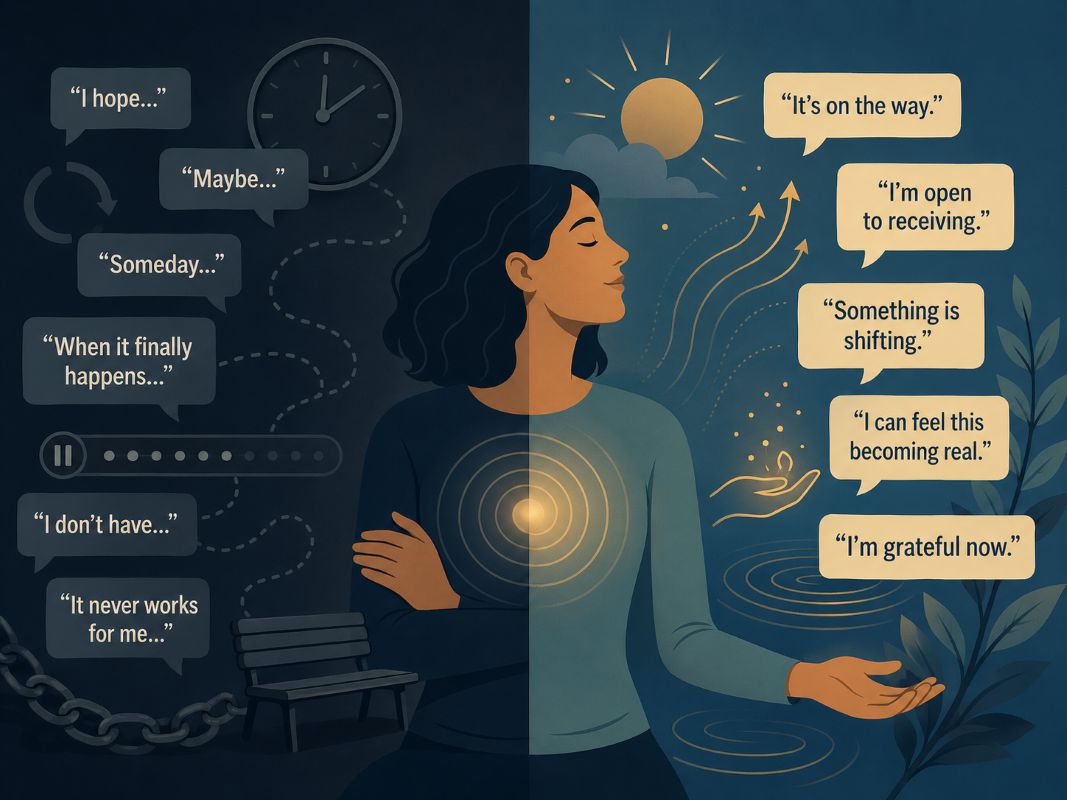 Flat 2D illustration of a woman shifting from waiting-mode thoughts like “I hope” and “Maybe” to empowering phrases like “It’s on the way” and “I’m open to receiving,” symbolizing quantum field manifestation.