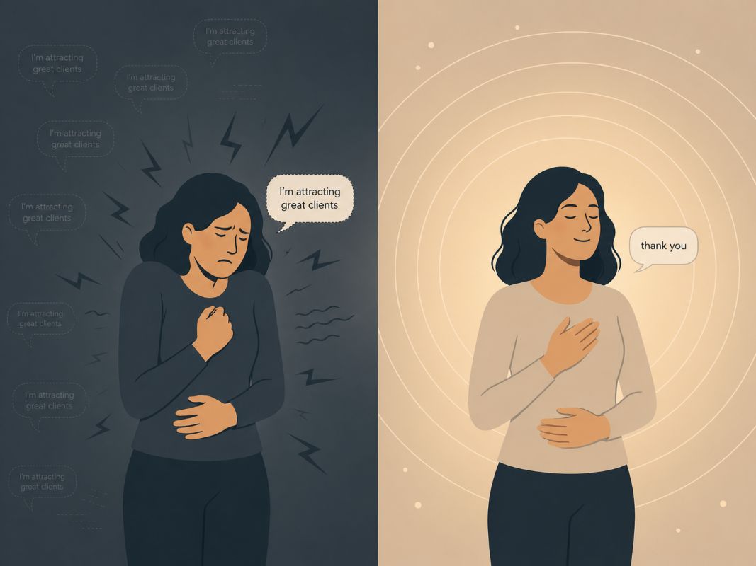 Flat 2D illustration showing the law of attraction explained simply through the contrast between anxious affirmations and calm gratitude.