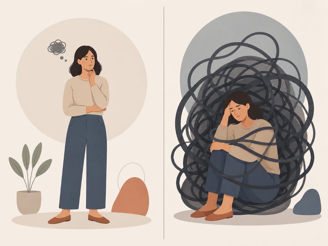 Flat 2D illustration showing law of attraction explained simply through a contrast between normal human doubt and becoming emotionally trapped in constant overthinking.