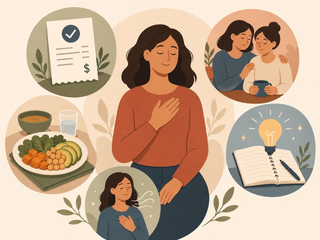 Flat 2D illustration showing simple everyday gratitude moments, including a paid bill, supportive friend, good meal, hopeful idea, and peaceful breathing for law of attraction explained simply.