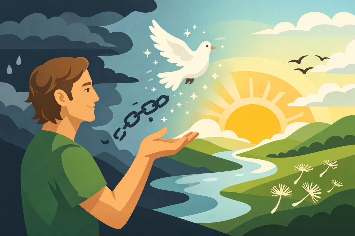Letting Go and Trusting the Process – The Law of Attraction Explained A symbolic flat 2D illustration of Jake Ducey gently releasing a dove as broken chains fall away, with a dark storm transitioning into a bright sunrise landscape, representing letting go and trusting the process — the law of attraction explained.
