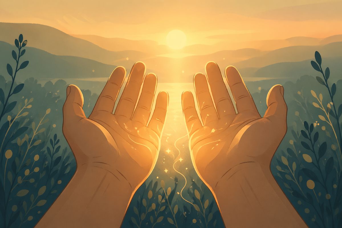 Open hands held up toward a warm glowing light at sunrise, with soft sparkles rising between the palms and a peaceful mountain landscape in the background.