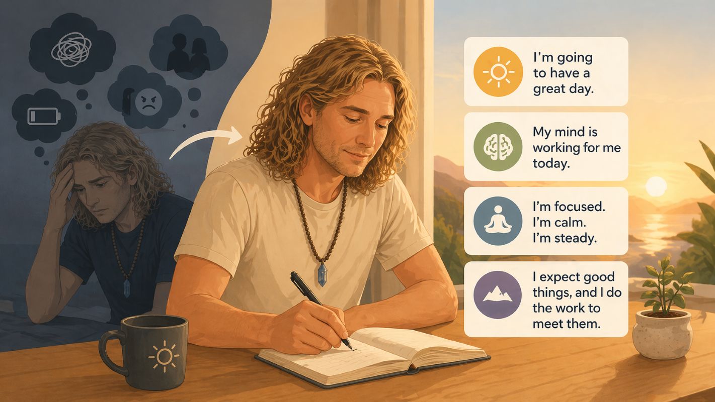 Flat 2D illustration of Jake Ducey writing morning affirmations in a journal, shifting from heavy default thoughts into calm focus, showing how affirmations can support the best daily life routine.