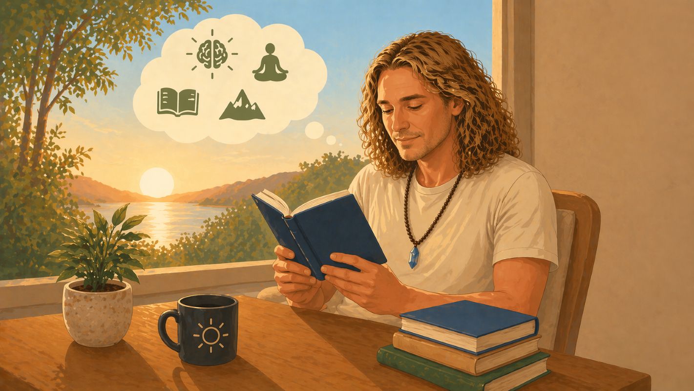 Flat 2D illustration of Jake Ducey reading a book in the morning sunlight with peaceful thought icons, showing how reading can support the best daily life routine.