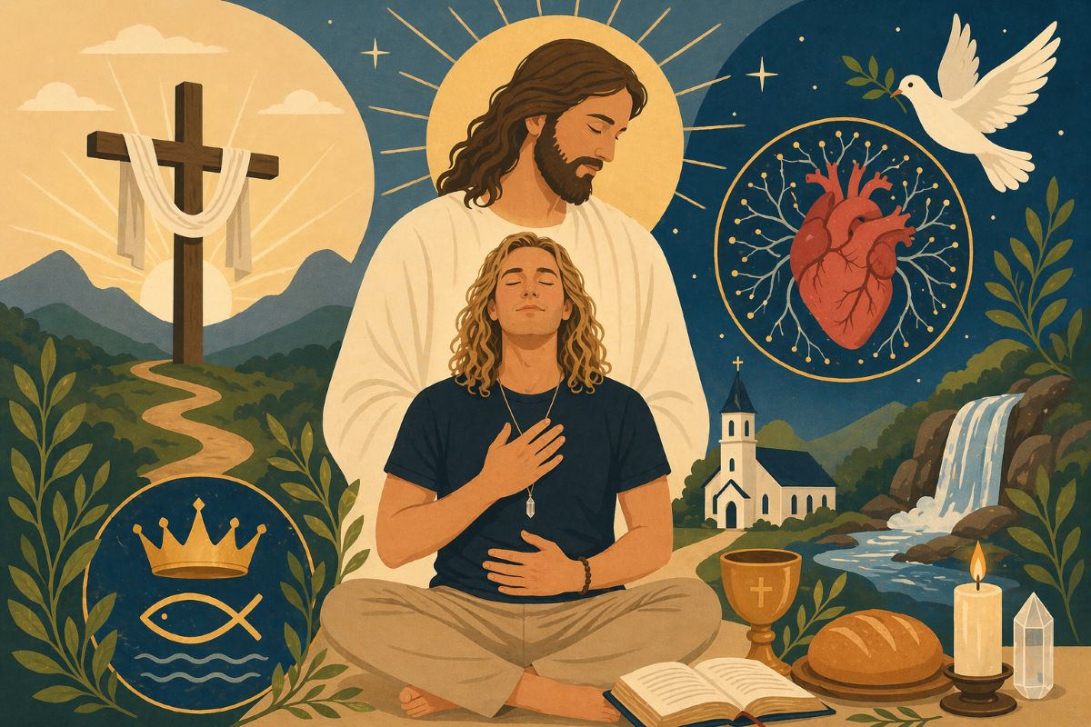Flat 2D illustration of Jake Ducey meditating beneath Jesus, surrounded by a cross, dove, heart, church, Bible, candle, and nature symbols representing oneness with the universe.