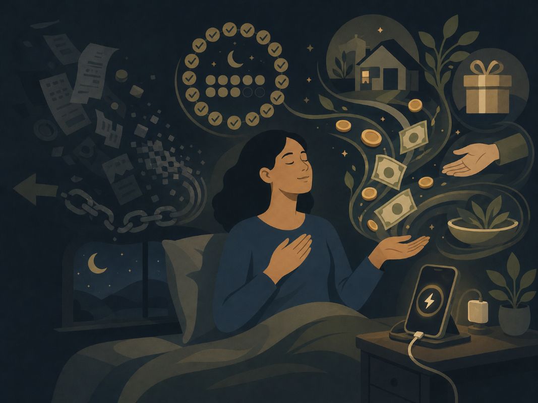 Flat 2D illustration of a calm person doing a powerful money meditation before sleep, releasing old financial stress while receiving abundance through a simple nightly recharge practice.