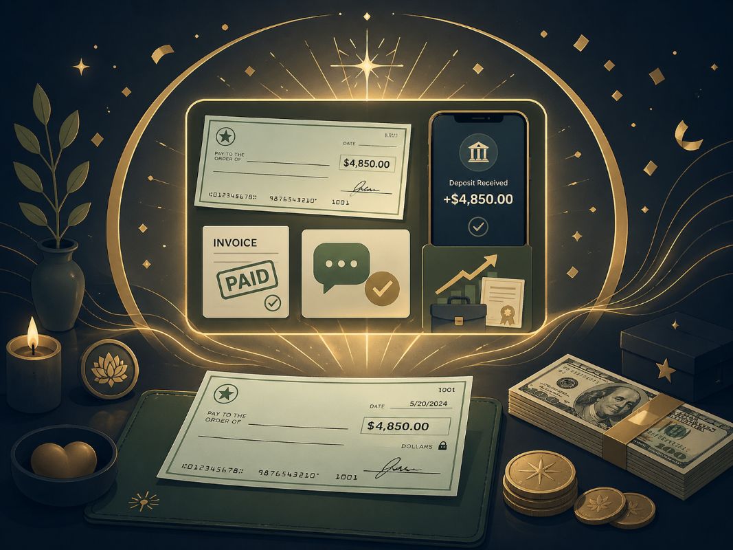Flat 2D illustration of a powerful money meditation visualization with a glowing check, deposit notification, paid invoice, coins, cash, and abundance symbols representing gratitude for money coming in.