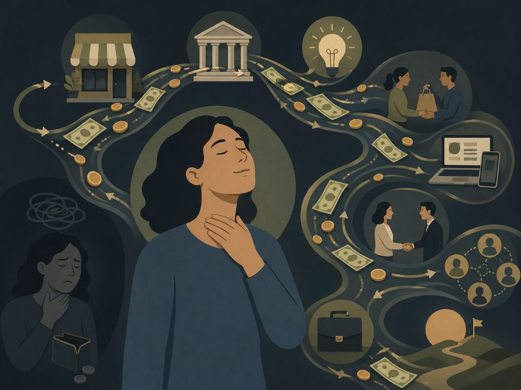 Flat 2D illustration of a calm person releasing money stress while currency flows through businesses, banks, ideas, work, online platforms, clients, and opportunities, symbolizing a powerful money meditation.