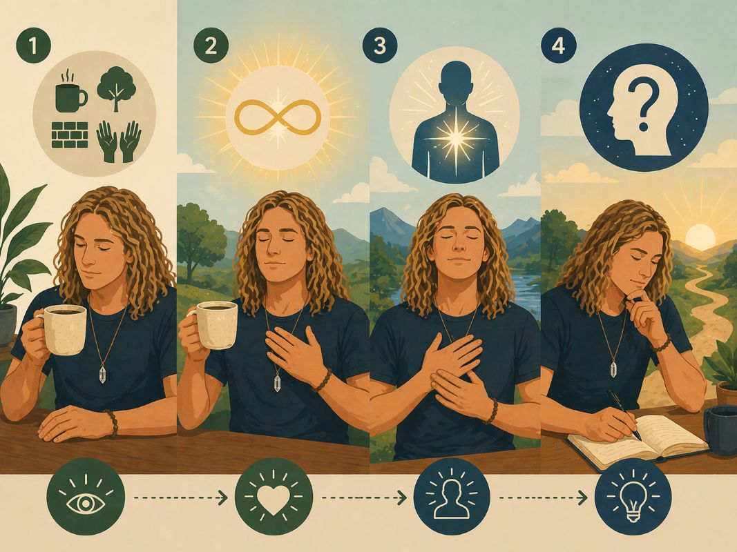 Flat 2D illustration of Jake Ducey practicing oneness with the universe through four steps: noticing an ordinary cup, recognizing Source, connecting inward, and journaling the next inspired action.