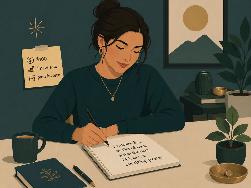 Woman writing a money manifestation affirmation in a notebook to receive unexpected money, with a $100 goal, new sale, and paid invoice note nearby.