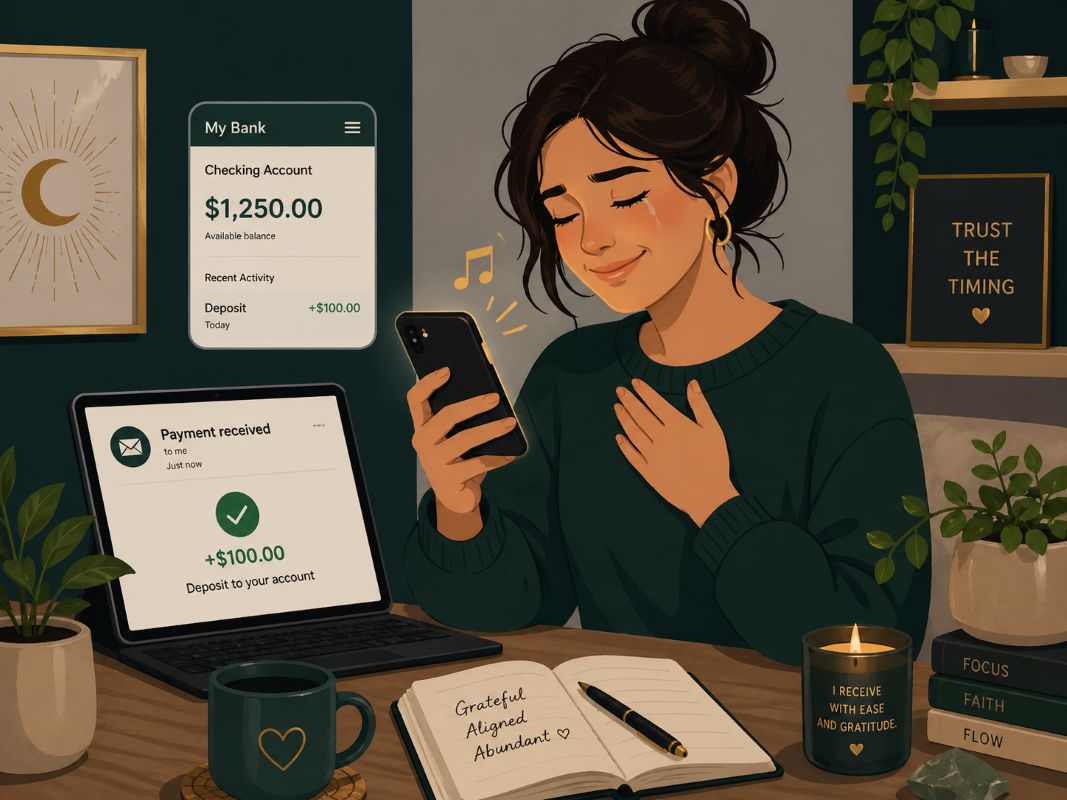 Woman smiling with gratitude after seeing a payment notification on her phone and laptop, visualizing how to receive unexpected money in a calm home workspace.