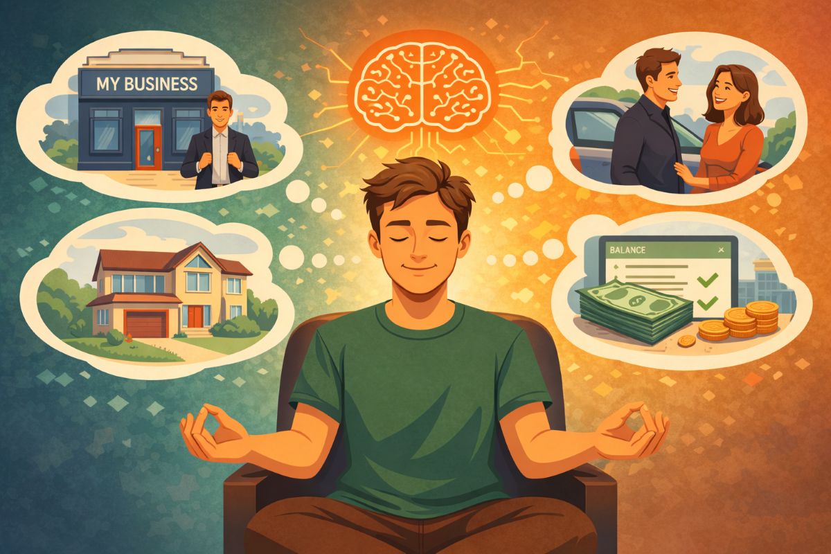 Flat 2D illustration of Jake Ducey visualizing success and abundance to show how to train your brain to make money