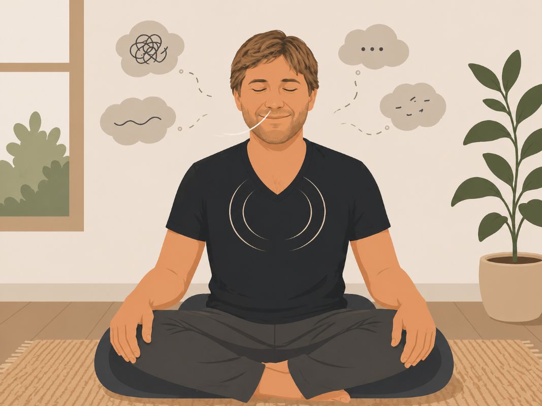 Flat 2D illustration of Jake Ducey sitting calmly in a simple room during an energy raising meditation, returning to his breath while soft thought clouds drift around him.