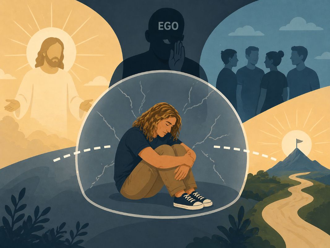 Flat 2D illustration of a person sitting inside a cracked transparent bubble while a dark silhouette labeled ego looms above, with a glowing spiritual figure on one side and a distant path with people and a mountain on the other.