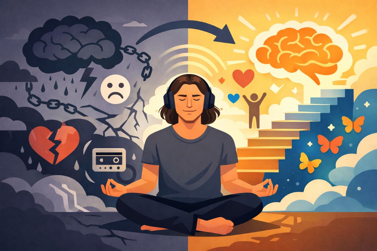 The Law of Attraction Explained Through Subconscious Reprogramming and Emotional Patterns Jake Ducey meditating in a symbolic flat 2D illustration showing subconscious reprogramming, contrasting old negative patterns with new positive emotional states, the law of attraction explained