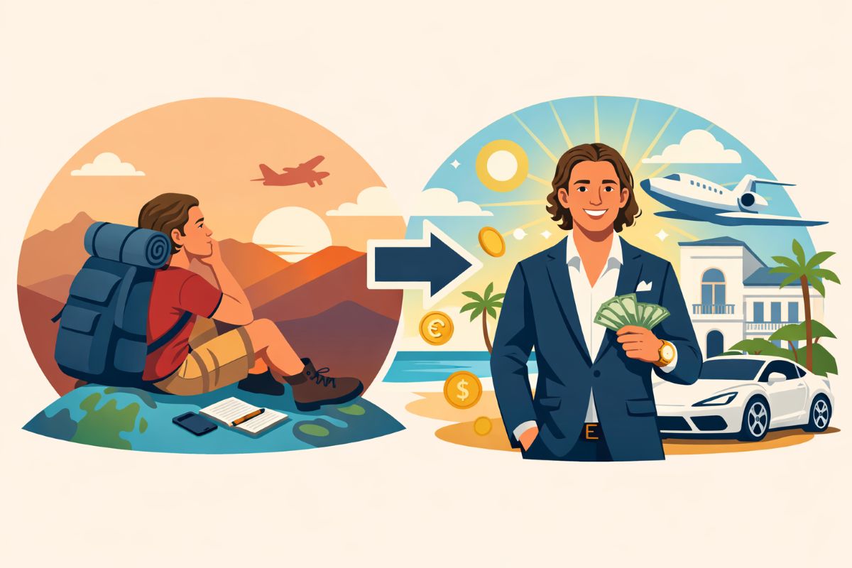 Flat 2D illustration of Jake Ducey transforming from a backpacking traveler into a wealthy entrepreneur, symbolizing identity shift through the “I am a multimillionaire affirmation”