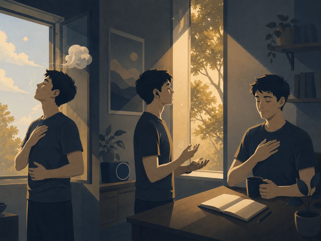 Person practicing a simple morning routine of deep breathing, awe, and gratitude beside warm sunlight, symbolizing a peaceful way to reset energy and calm the mind.