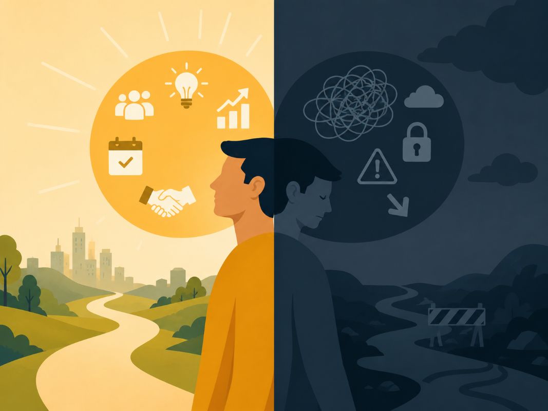 Ancient Manifestation - Shifting From Lack to Having Ancient manifestation illustration showing one person split between an abundant inner state with sunlight and opportunity symbols and a lack mindset with dark clouds and blocked paths.