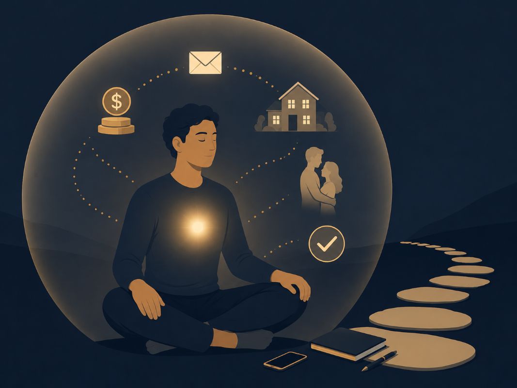 Ancient Manifestation Technique for Aligning Energy and Action Ancient manifestation illustration of a calm person meditating with a glowing heart light, surrounded by symbols of money, home, love, approval, and aligned action.