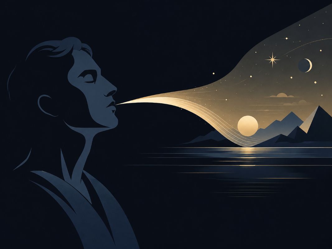Ancient Manifestation and the Creative Power of the Word Ancient manifestation artwork showing a calm human profile speaking a golden stream of light that forms stars, mountains, water, and a glowing horizon.