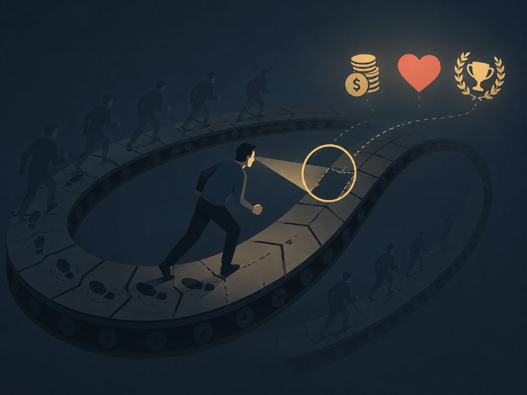 A person runs on an endless looping path toward money, love, and success, showing how belief creates reality by repeating the inner state of “not now.”