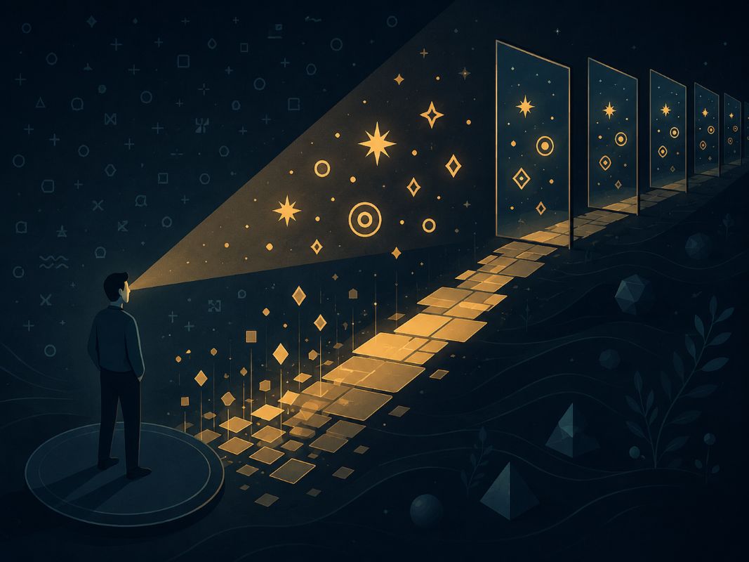 A person shines a beam of attention onto glowing symbols and a forming path, showing how belief creates reality through focus, expectation, and confirmation.