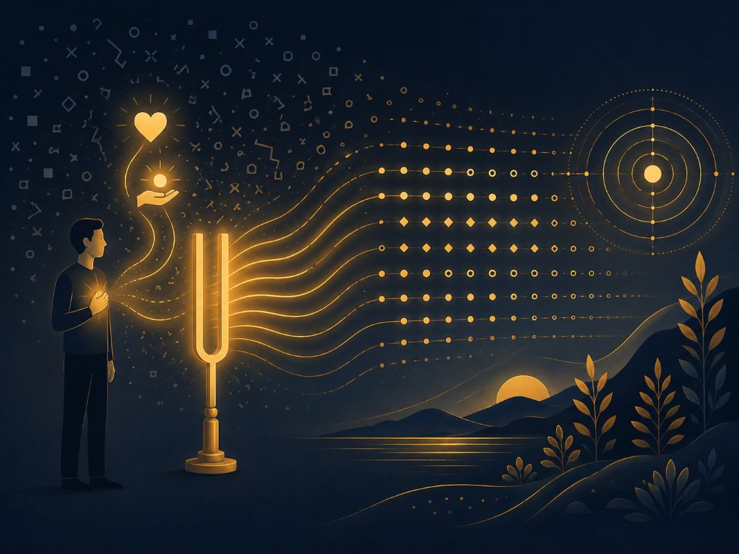 A person with a hand over their heart sends gratitude and appreciation into glowing waves of coherence, illustrating how belief creates reality through emotion, energy, and inner alignment.