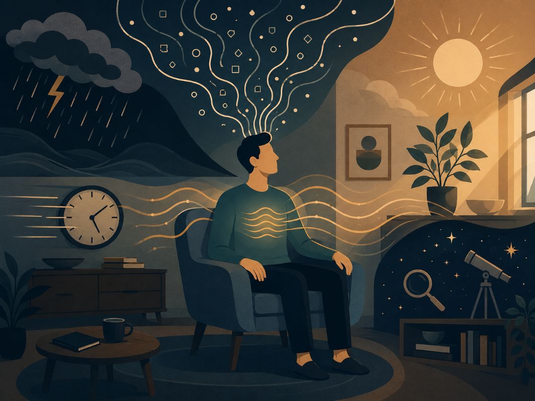 A calm figure with flowing golden lines connecting the brain and heart, symbolizing aligned thoughts and emotions creating a state of being manifestation.