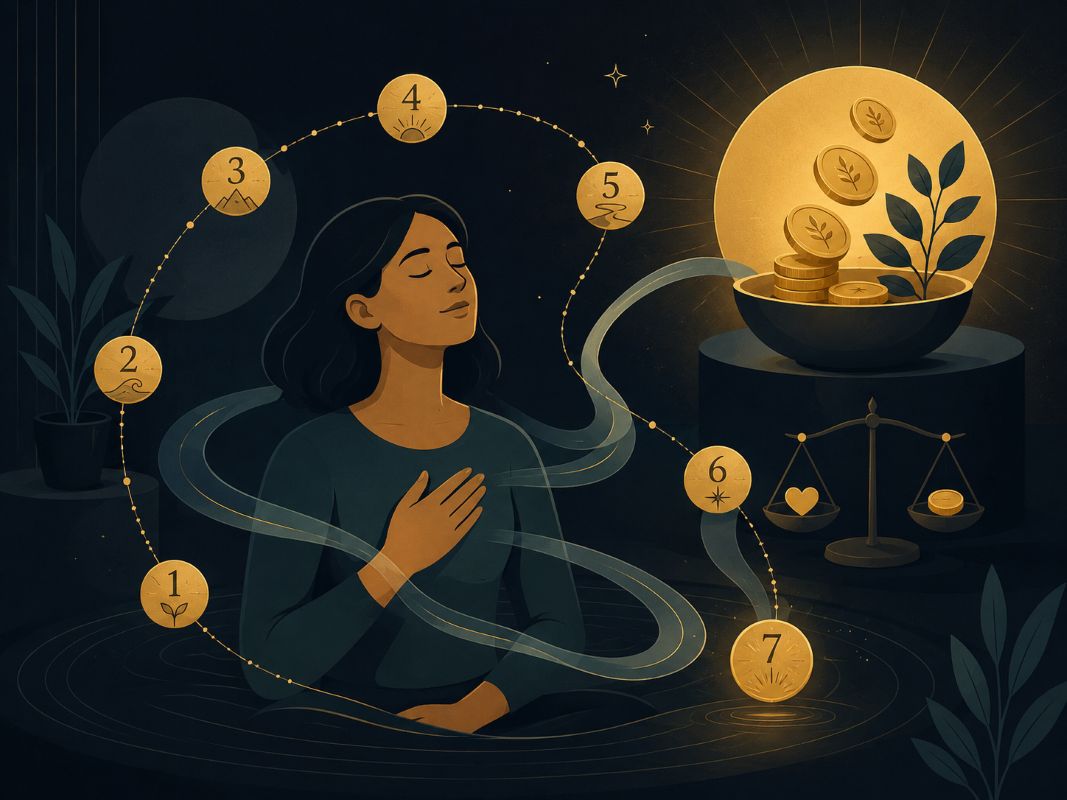 How to Attract Money Easily Through Inner Permission Woman practicing a calm money affirmation with hand on chest, symbolizing identity shift and how to attract money easily